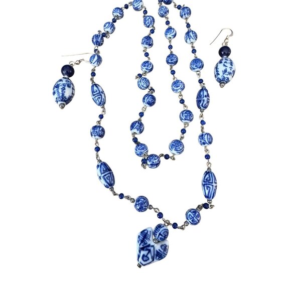 Vintage Chinese Painted Porcelain Bead Necklace & Earrings Blue White 25" - Picture 6 of 6